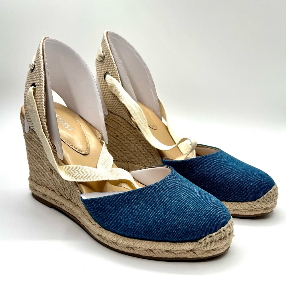 Nine West Friend Ankle Wrap Espadrille Wedge Sandals in Blue Denim - NWT